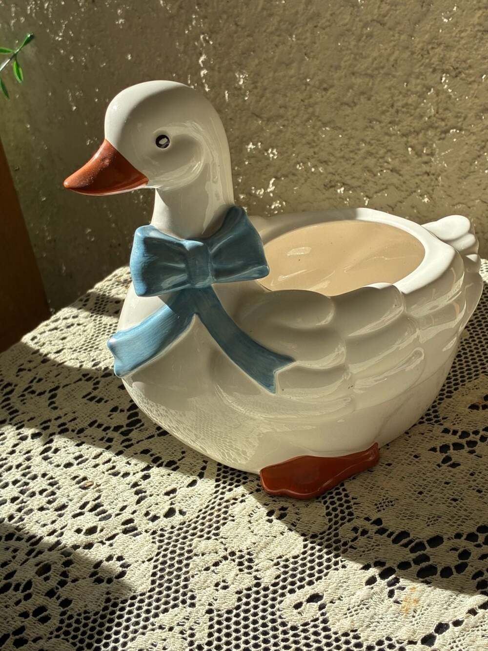 B&D Vintage Ceramic Goose Planter with Blue Bow Made in Japan